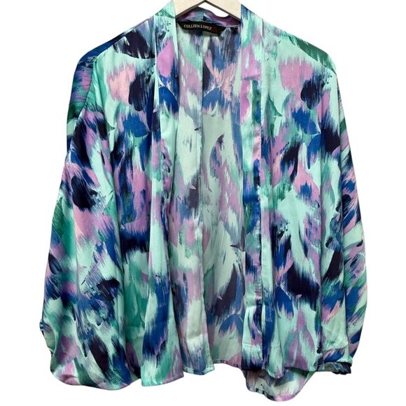 Colleen Lopez Shrug Top Medium Blue Print Satin Cocoon Light Jacket HSN - Picture 1 of 9